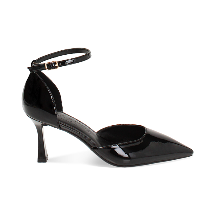 Décolleté open shank nere in vernice, tacco 7,5 cm