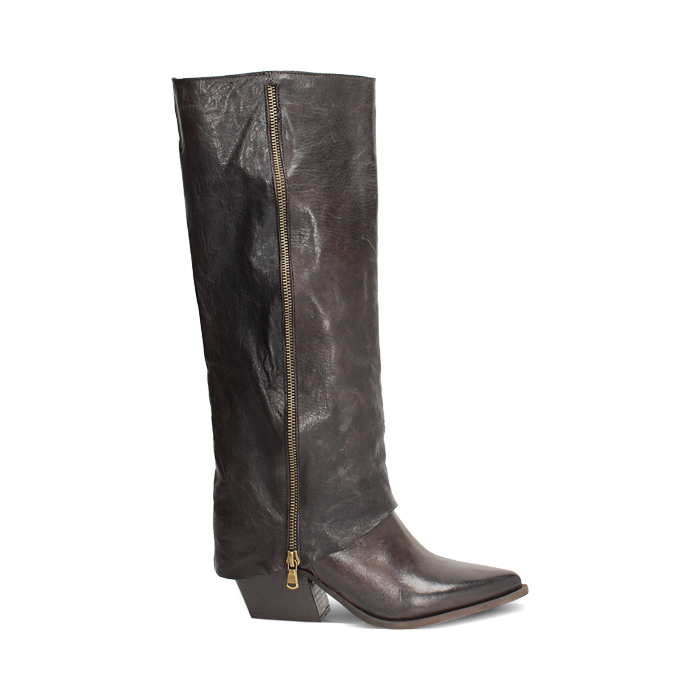 Stivali texani in vera pelle testa di moro con zip laterale ottone