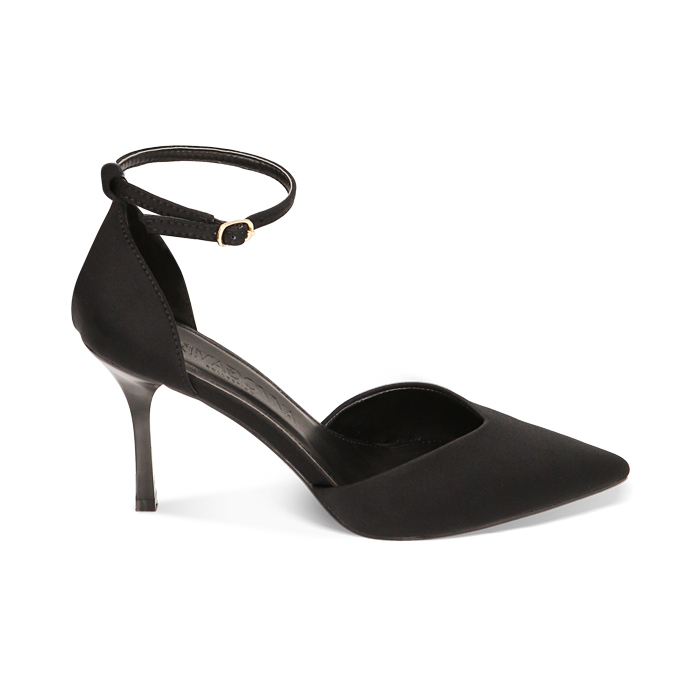 Décolleté cinturino nere in tessuto, tacco 8,5 cm