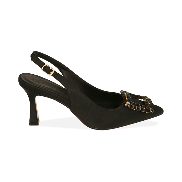 Décolleté slingback nere in raso, tacco 7,5 cm