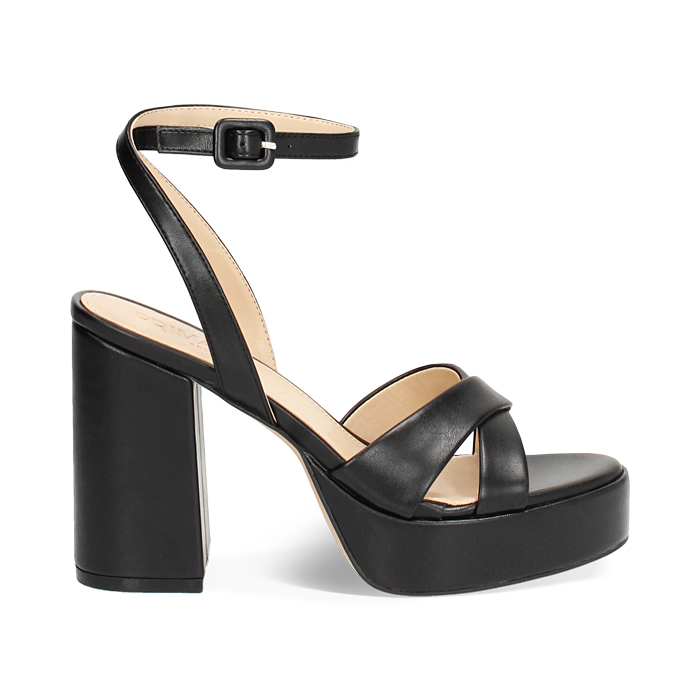 Sandalo donna nero con plateaux, tacco 11 cm