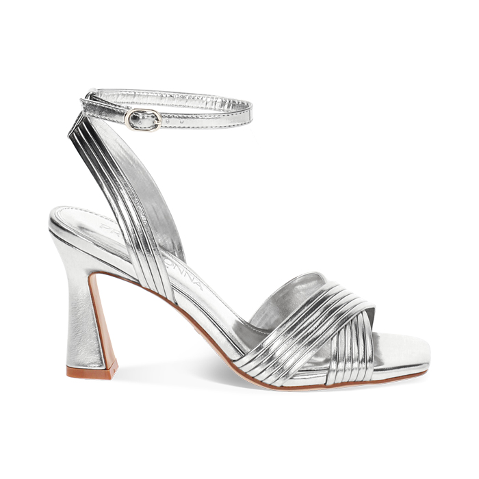Sandalo donna argentato laminato, tacco 8,5 cm