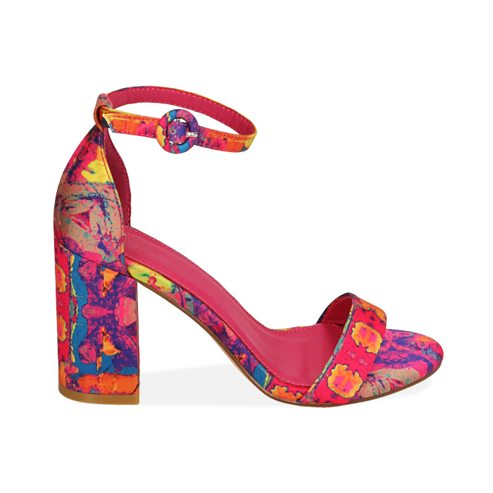 Sandali multicolor fucsia in raso, tacco 9 cm