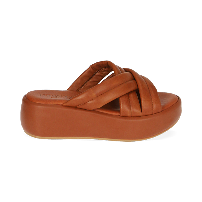 Sandalias coñac de piel, cuña 5,5 cm