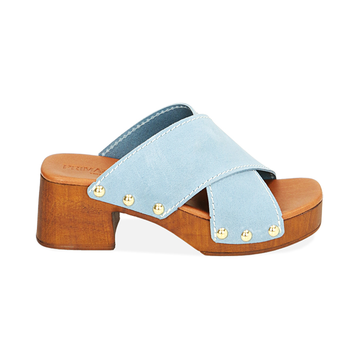 Sandali celesti in camoscio, tacco 5,5 cm