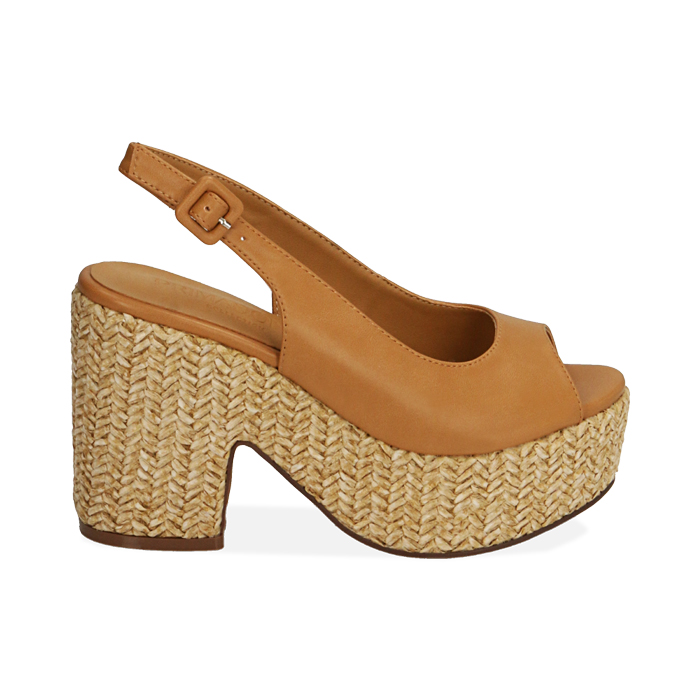 Sandali cognac, tacco-zeppa 10,5 cm