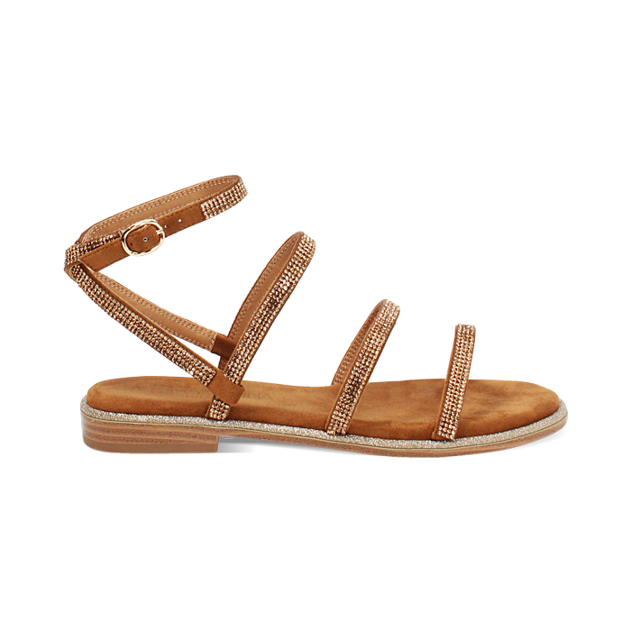 Sandali bassi donna cognac in microfibra