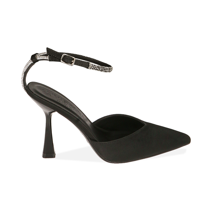 Décolleté slingback nere in raso, tacco 9,5 cm