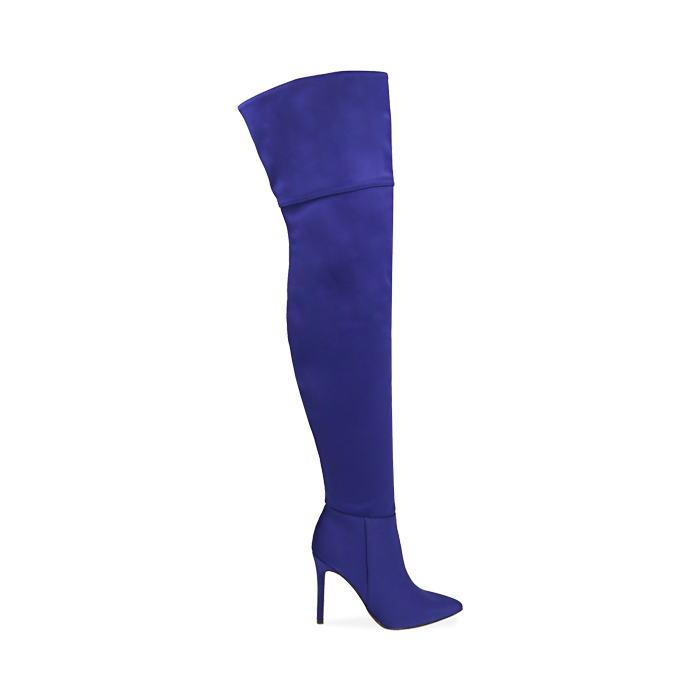 Botas por encima de la rodilla en lycra violeta, tacón 10,5 cm