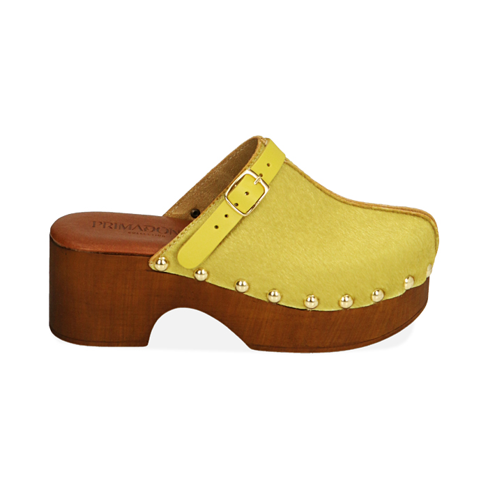 Clogs gialli in cavallino, tacco 6 cm 