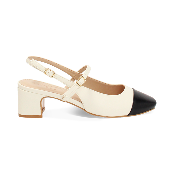 Décolleté slingback donna panna-nere, tacco largo 5 cm