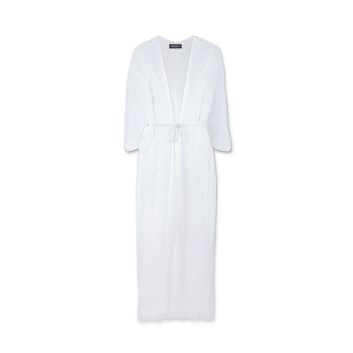 Poncho donna bianco in tessuto con cintura