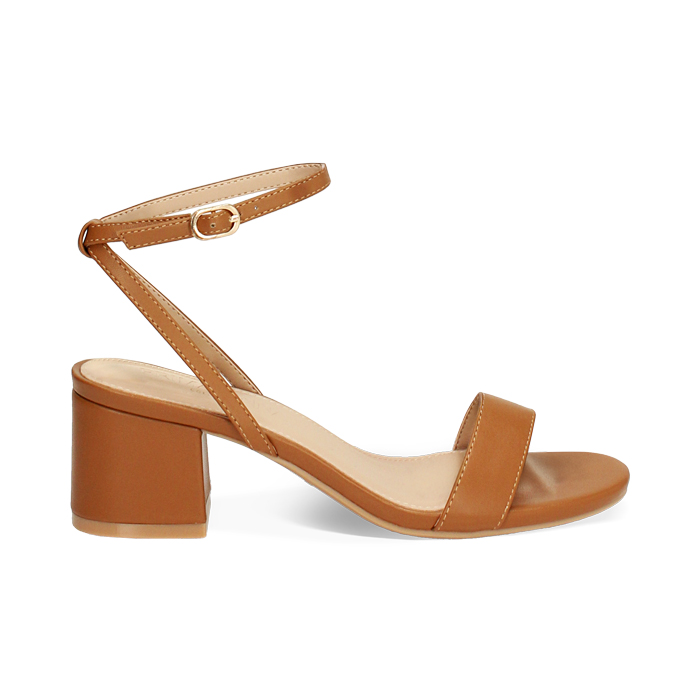 Sandalo donna cognac, tacco largo 5,5 cm