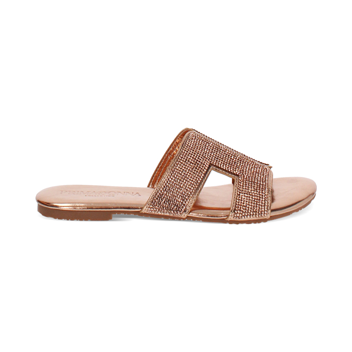 Sandaletto con tomaia laminata in strass color oro-rosa