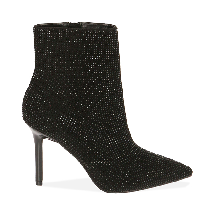 Ankle boots neri con strass, tacco 9,5 cm 