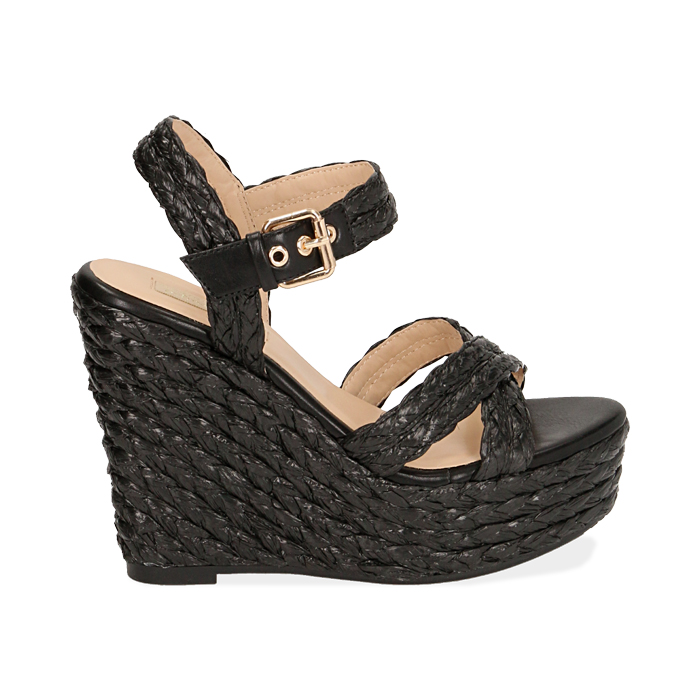 Sandalias de rafia negra, cuña 12 cm | Colección Primadonna Collection