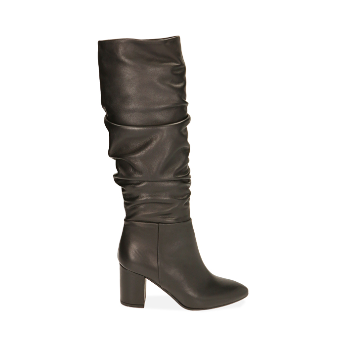 Bottes noires en cuir gaufré, talon 7,5 cm 