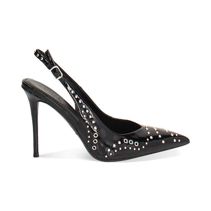 Escarpin à bride arrière noir en cuir verni avec talon de 10 cm