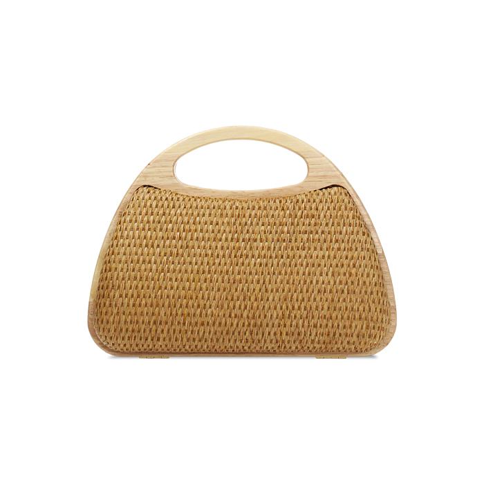 Mini bag donna camel in raffia con manico in legno