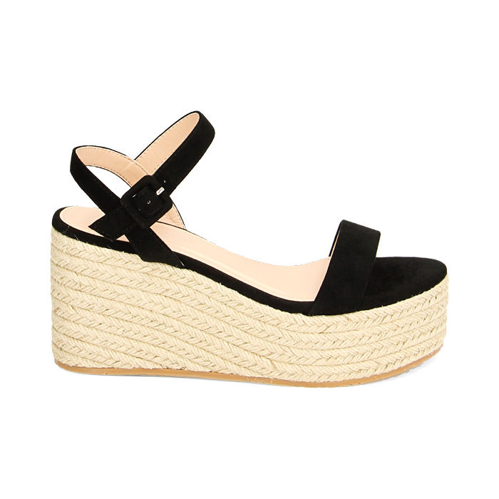 Zeppe nere in microfibra, platform in rafia 8,5 cm