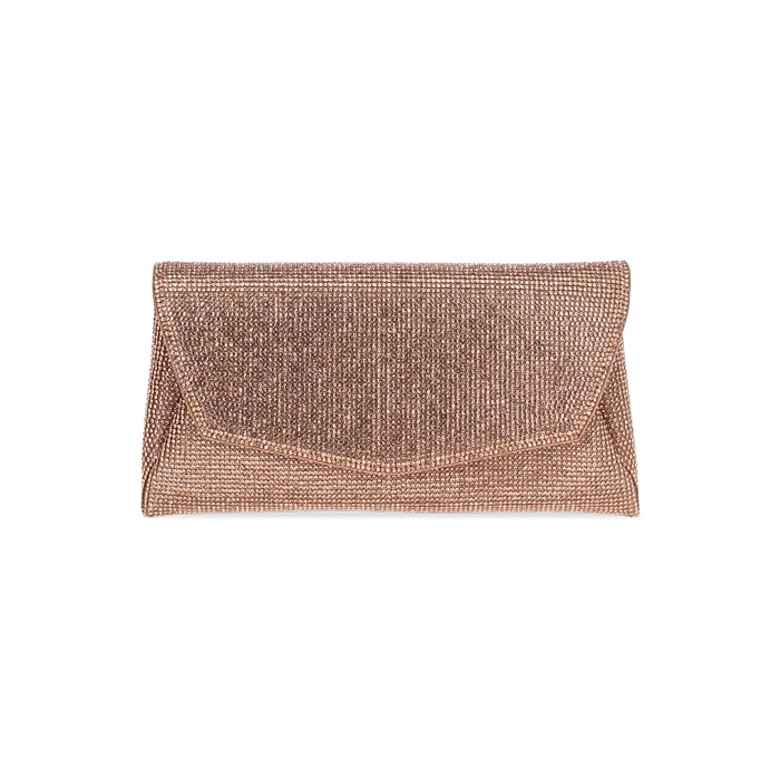 Pochette femme rose or en laminé avec pierres