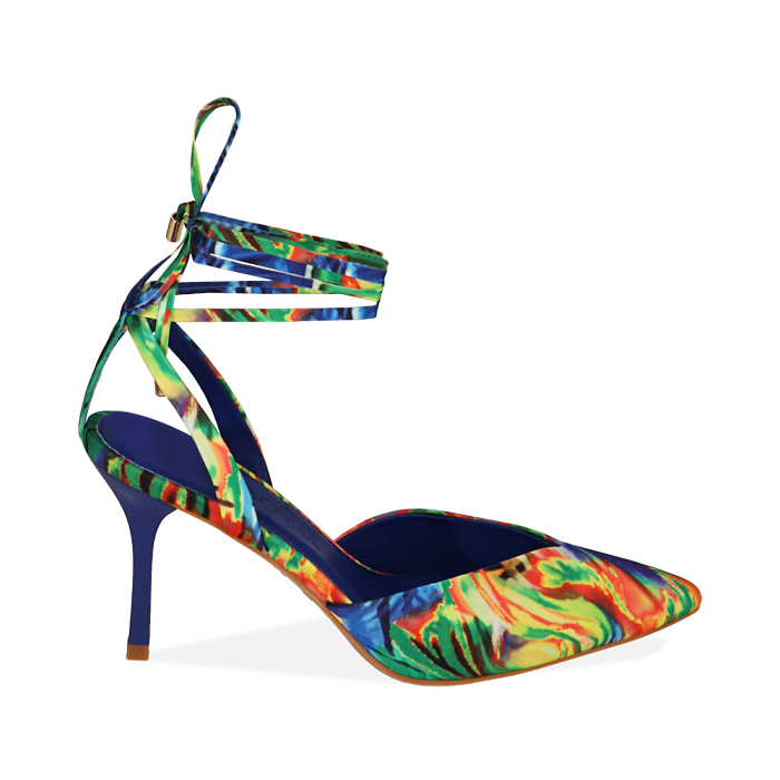 Décolleté slingback blu multicolor, tacco 8,5 cm