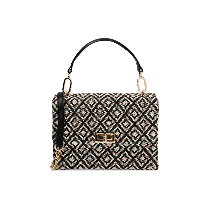 Mini bag donna nera-panna in raffia