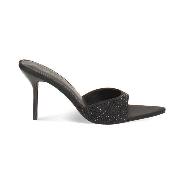 Mules bout ouvert noires en satin avec strass 9 cm