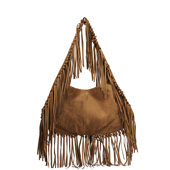 Borsa a spalla marrone in microfibra con frange