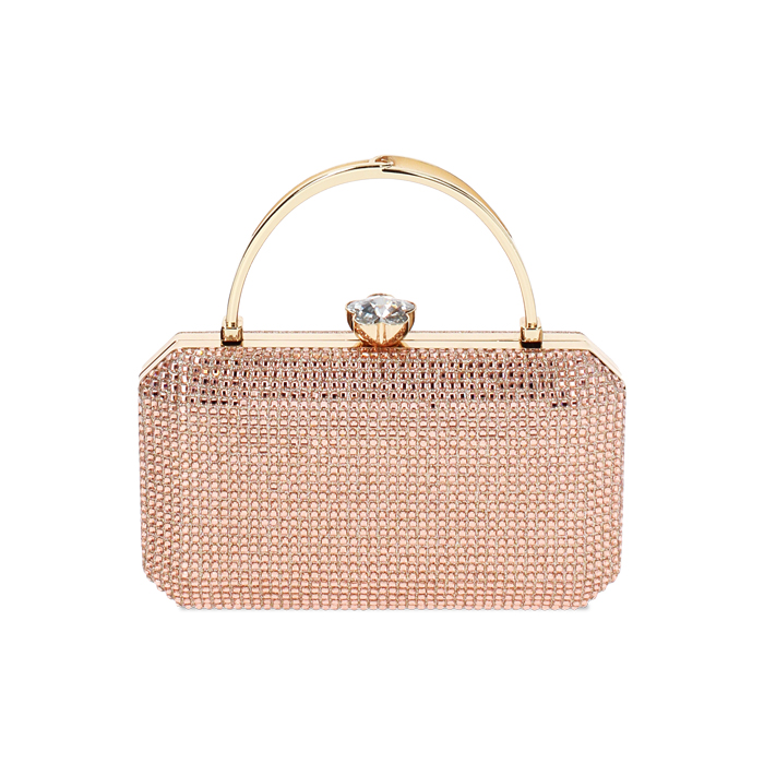Pochette femme rose doré en laminé avec pierres