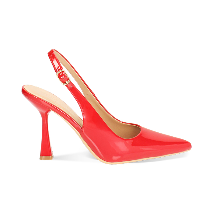 Décolleté slingback donna rosse in vernice, tacco 7,5 cm