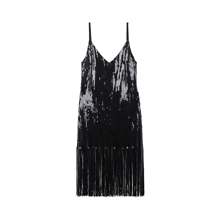Vestito in paillettes nero con frange
