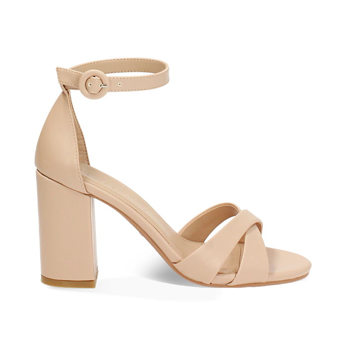 Sandalo donna beige con braccialetto, tacco largo 8,5 cm