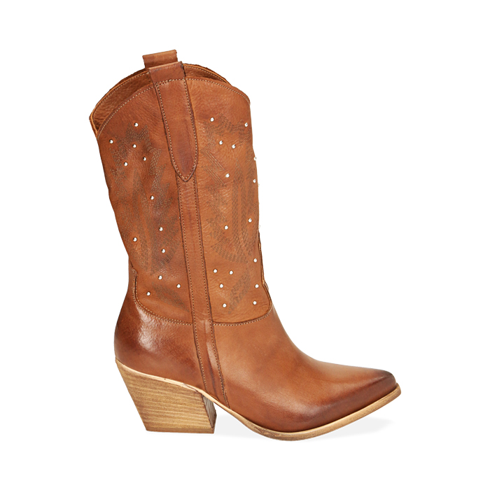 Stivali texani cognac in pelle, tacco 7 cm 