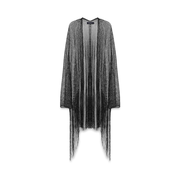 Poncho donna nero argento in tessuto laminato