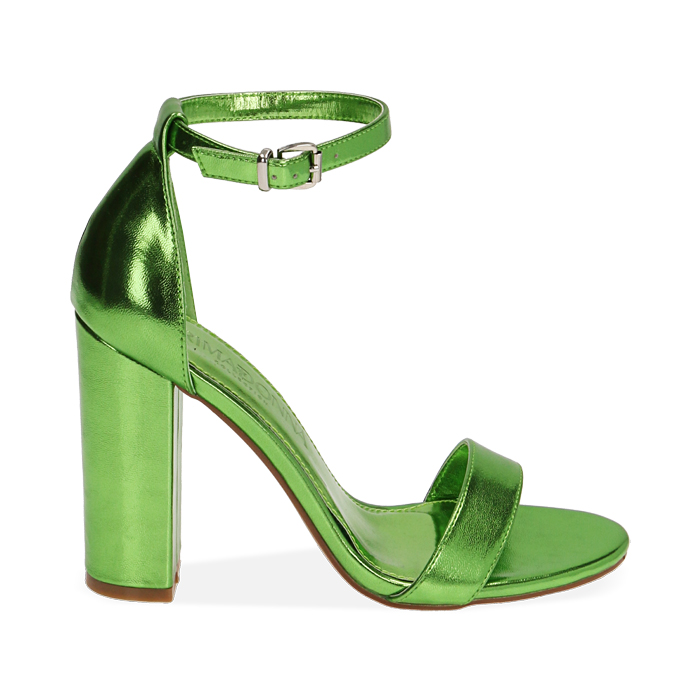 Sandales en laminé vert, talon 10,5 cm 