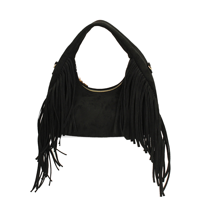 Mini bag nera in microfibra con frange